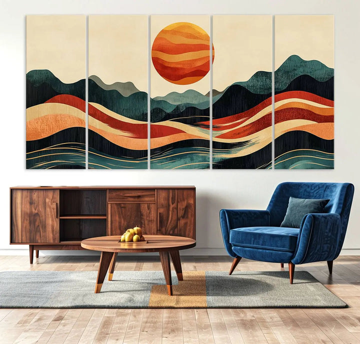 Enhance your contemporary kitchen with the "Mountain Triptych Wall Art - Western Nature Prints." This framed boho canvas depicts an abstract landscape featuring an orange sun rising over stylized mountains and wavy lines, all crafted with a gallery-quality finish for a striking visual impact.