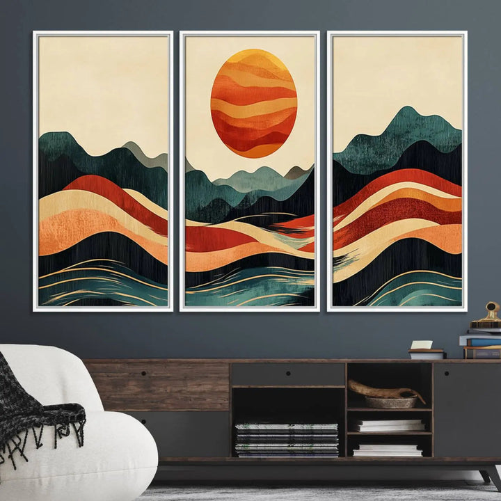 Enhance your contemporary kitchen with the "Mountain Triptych Wall Art - Western Nature Prints." This framed boho canvas depicts an abstract landscape featuring an orange sun rising over stylized mountains and wavy lines, all crafted with a gallery-quality finish for a striking visual impact.