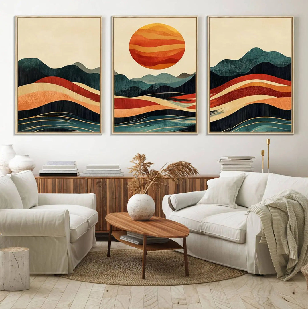 Enhance your contemporary kitchen with the "Mountain Triptych Wall Art - Western Nature Prints." This framed boho canvas depicts an abstract landscape featuring an orange sun rising over stylized mountains and wavy lines, all crafted with a gallery-quality finish for a striking visual impact.