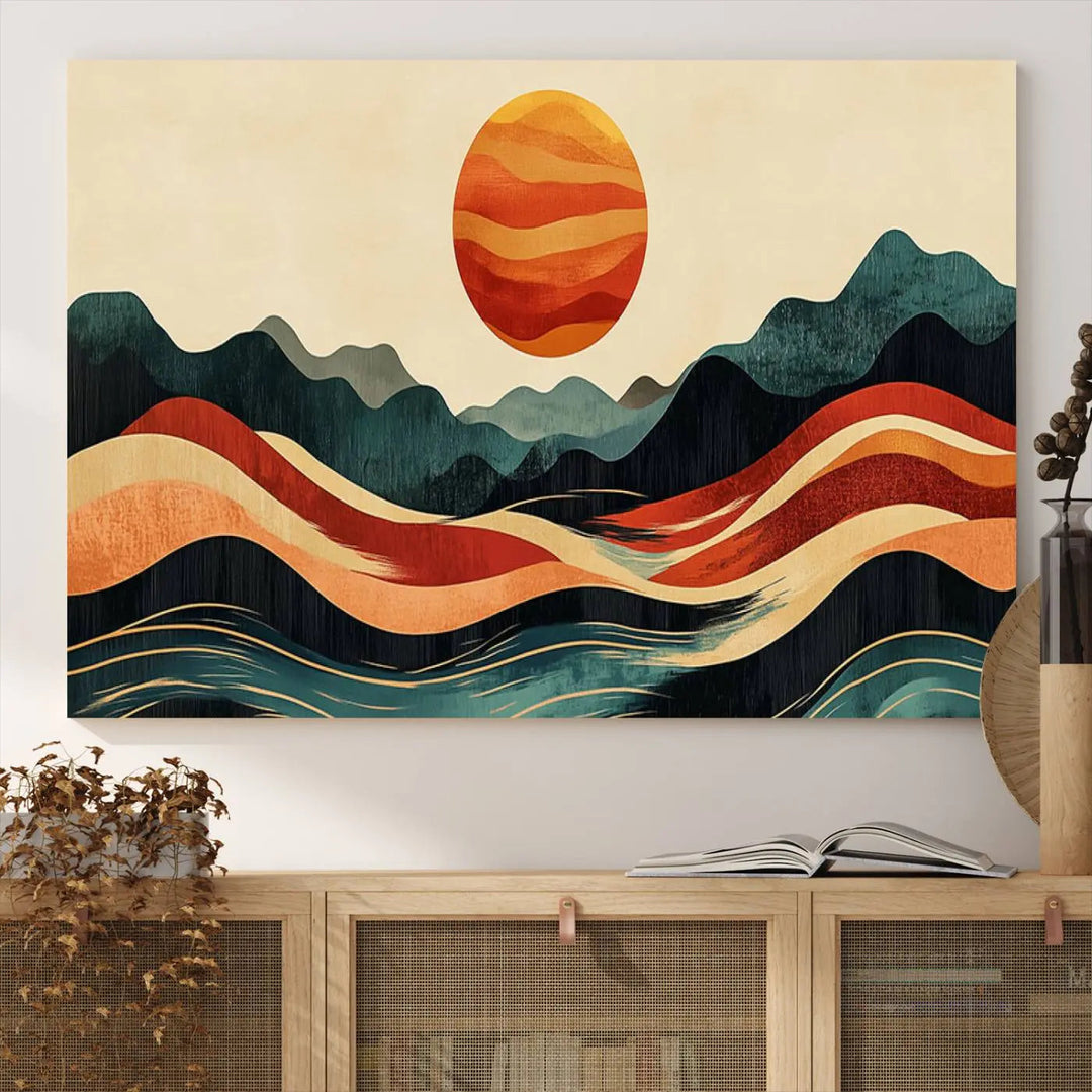 Enhance your contemporary kitchen with the "Mountain Triptych Wall Art - Western Nature Prints." This framed boho canvas depicts an abstract landscape featuring an orange sun rising over stylized mountains and wavy lines, all crafted with a gallery-quality finish for a striking visual impact.