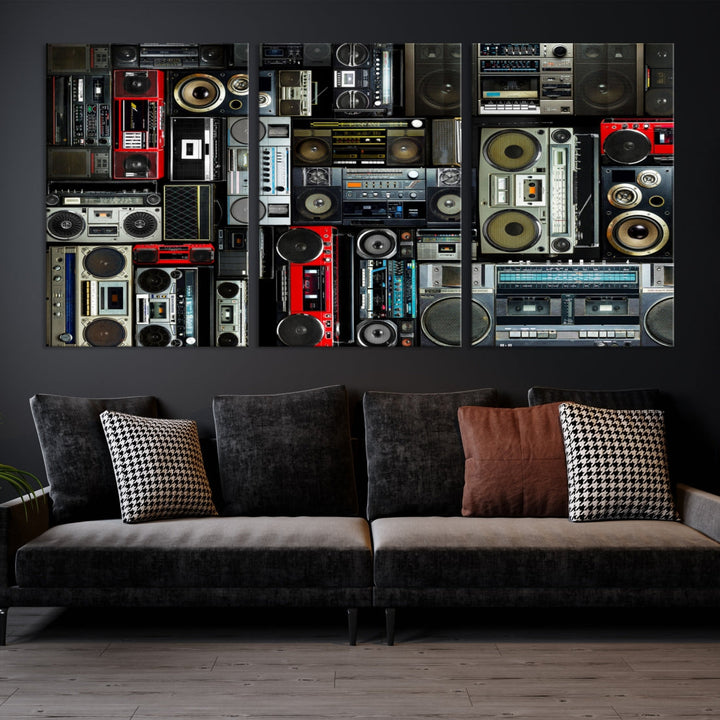 Lienzo retro Boombox Radio para pared, decoración de pared vintage, grabadora de música, impresión en lienzo para sala de estar, sala de música, enmarcado, listo para colgar, lienzo dividido, impresión artística de pared extra grande