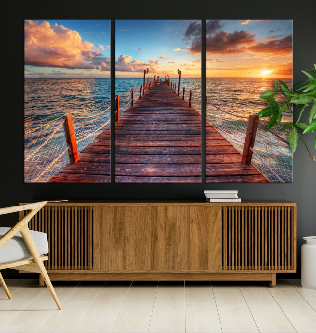 Lienzo decorativo para pared con atardecer y muelle de madera