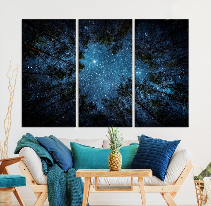 Impression sur toile d’art mural forêt et étoiles