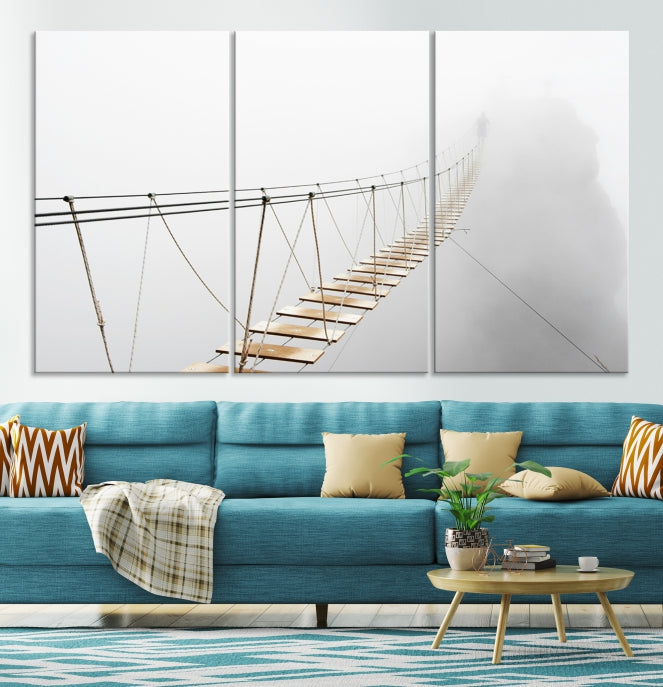 Lienzo decorativo para pared con puente de madera y niebla