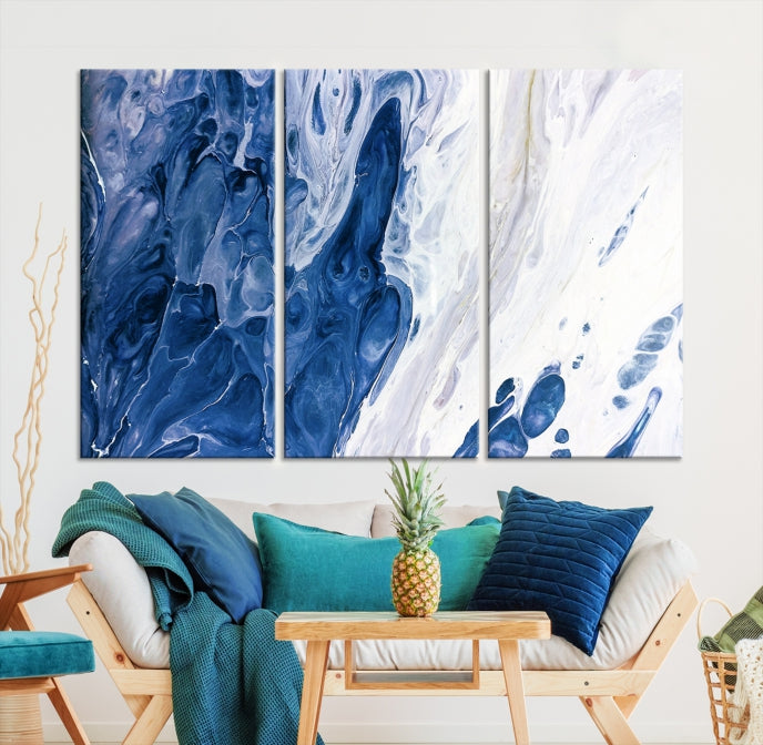 Arte de pared grande con efecto fluido de mármol azul marino, lienzo abstracto moderno, impresión artística de pared