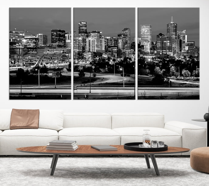 Denver City Lights Skyline Black and White Wall Art Cityscape Canvas Print