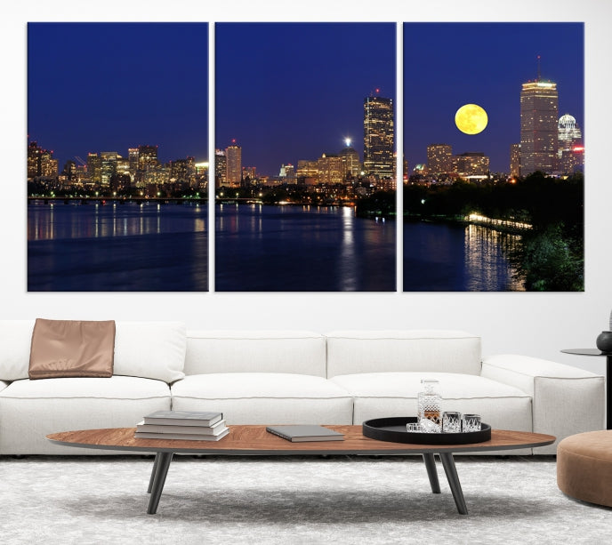 Luces de la ciudad de Boston, horizonte nocturno de luna llena, vista del paisaje urbano, arte de pared grande, impresión en lienzo