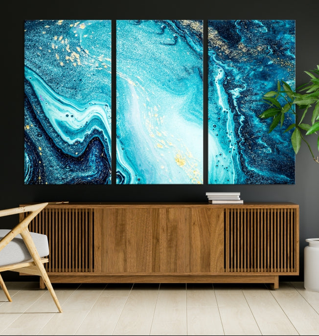 Neon Blue and Gold Marble Fluid Effect Wall Art Abstract Canvas Wall Art Print