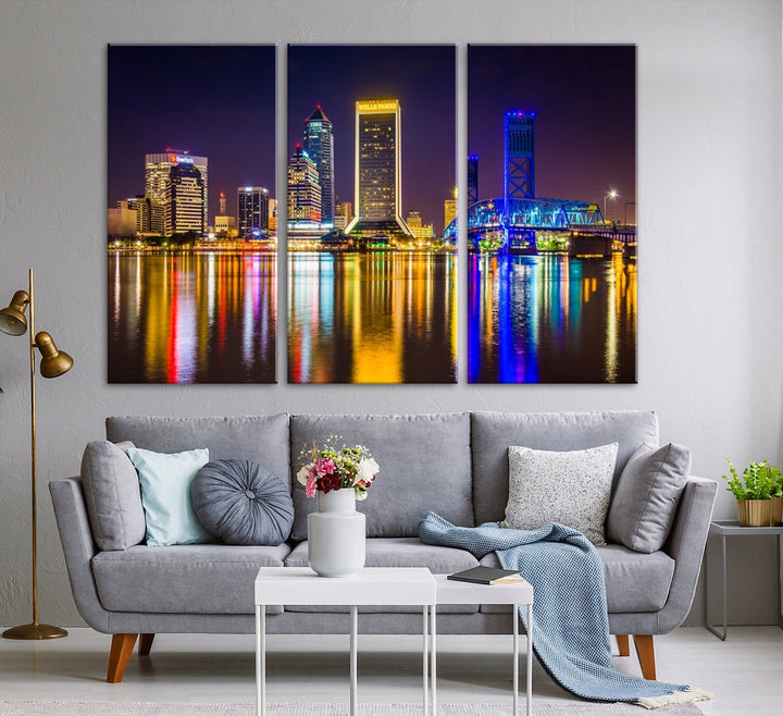 The Jacksonville City cityscape wall art captures a vibrant city skyline at night with colorful reflections in the water and is elegantly displayed on museum-quality gallery wrapped canvas.