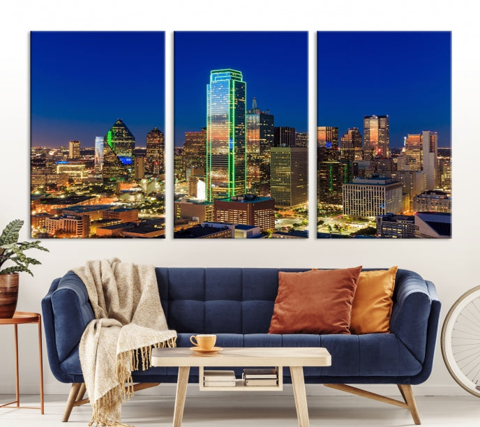 Impresión en lienzo de arte de pared grande con vista del paisaje urbano del horizonte azul nocturno de las luces de la ciudad de Dallas