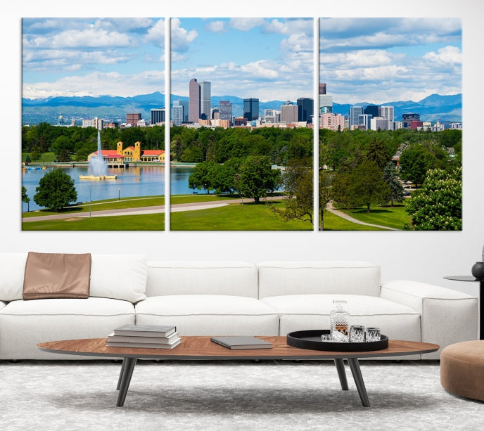 Denver City Park au printemps nuageux Skyline paysage urbain vue murale impression sur toile