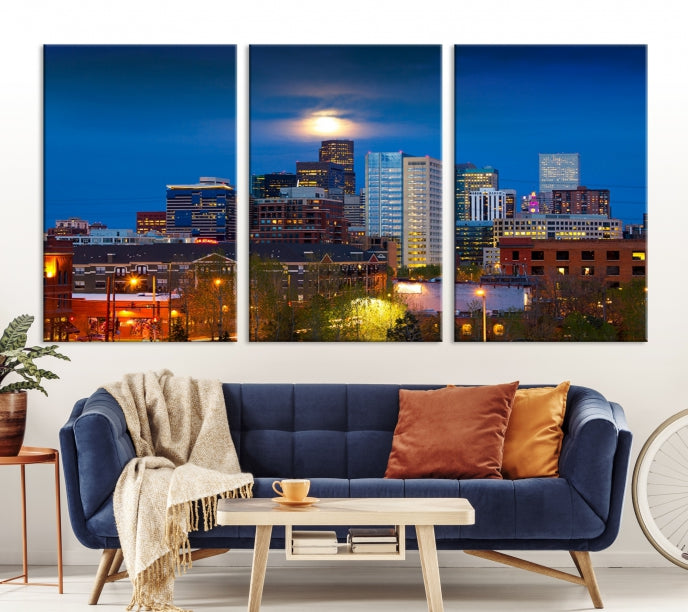 Denver City Lights Night Blue Skyline Cityscape View Wall Art Canvas Print