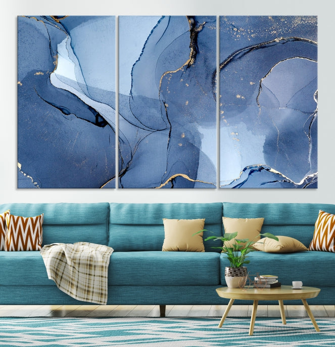 Arte de pared grande con efecto fluido de mármol azul, lienzo abstracto moderno, impresión artística de pared