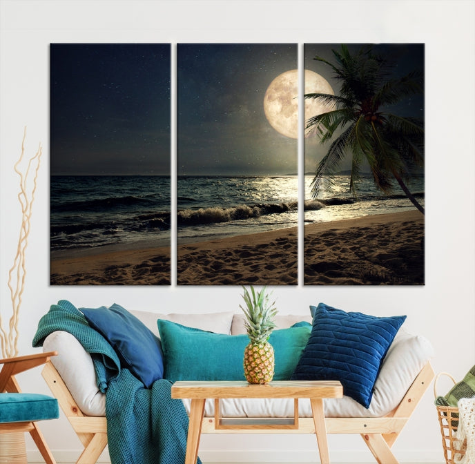 Tropical Beach and Moon Wall Art Canvas Print