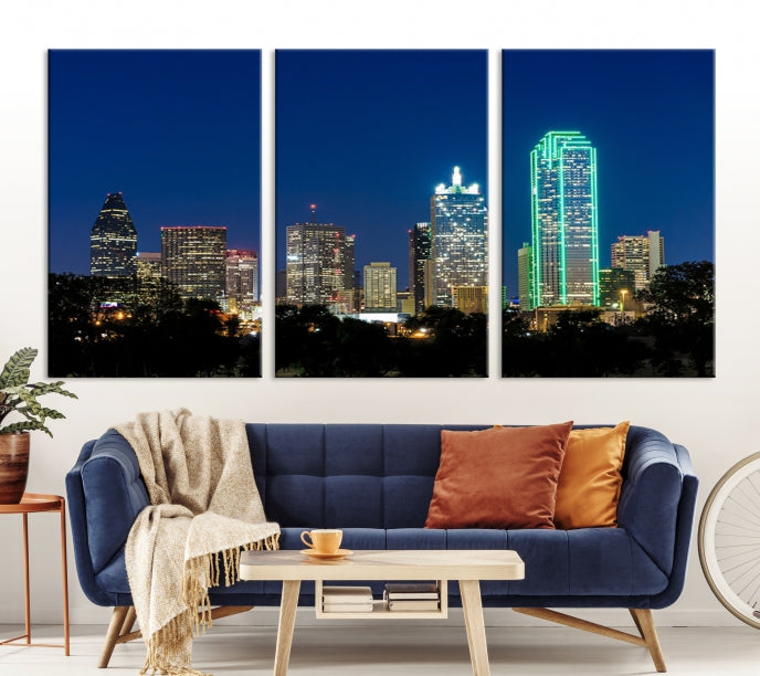 Impresión en lienzo de arte de pared grande con vista del paisaje urbano del horizonte azul nocturno de las luces de la ciudad de Dallas