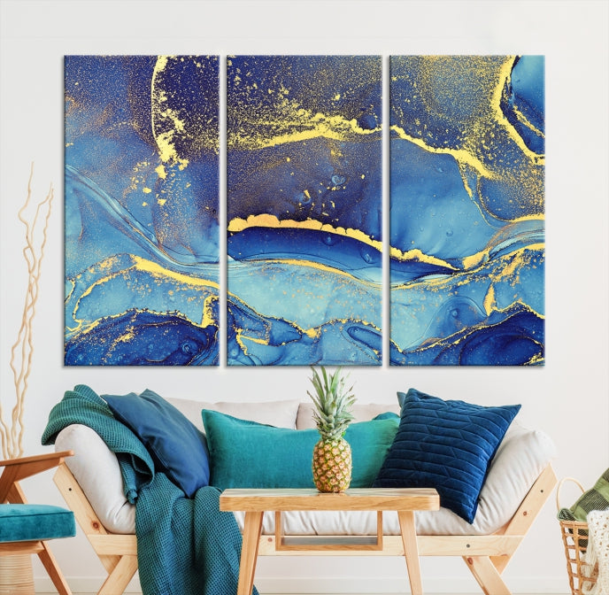 Splash Yellow Color Blue Marble Abstract Canvas Wall Art Print