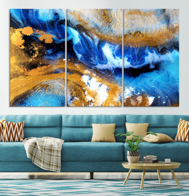 Blue Orange Marble Fluid Effect Wall Art Abstract Canvas Wall Art Print