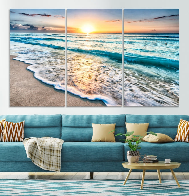 Sunset Beach Waves Canvas Wall Art – 5-Panel Ocean Sunset Print – Coastal Decor for Living Room or Bedroom – Ready to Hang