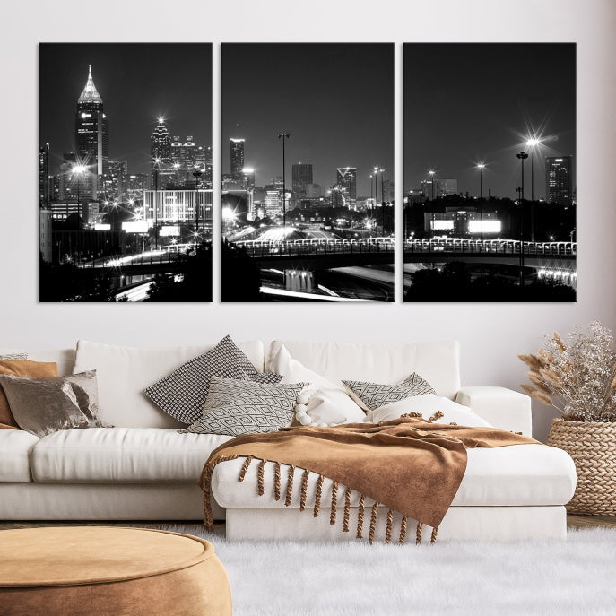 Atlanta City Lights Skyline Art mural noir et blanc Paysage urbain Impression sur toile