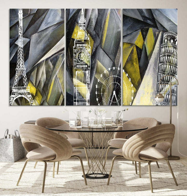 Eiffel Tower Big Ben and Pisa Tower Canvas Wall Art Print Abstract Landmarks Wall Art