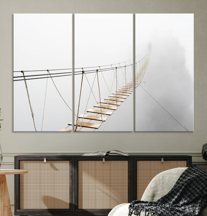 Lienzo decorativo para pared con puente de madera y niebla