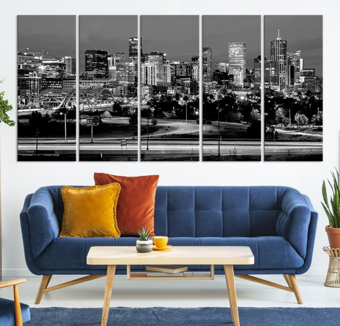 Denver City Lights Skyline Black and White Wall Art Cityscape Canvas Print