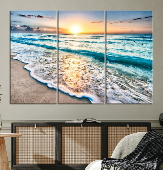 Sunset Beach Waves Canvas Wall Art – 5-Panel Ocean Sunset Print – Coastal Decor for Living Room or Bedroom – Ready to Hang