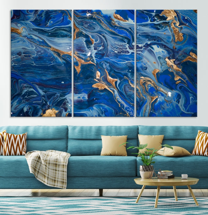 Arte de pared grande con efecto fluido de mármol azul marino, lienzo abstracto moderno, impresión artística de pared