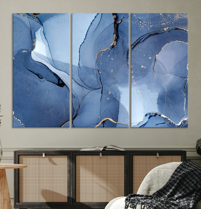 Arte de pared grande con efecto fluido de mármol azul, lienzo abstracto moderno, impresión artística de pared