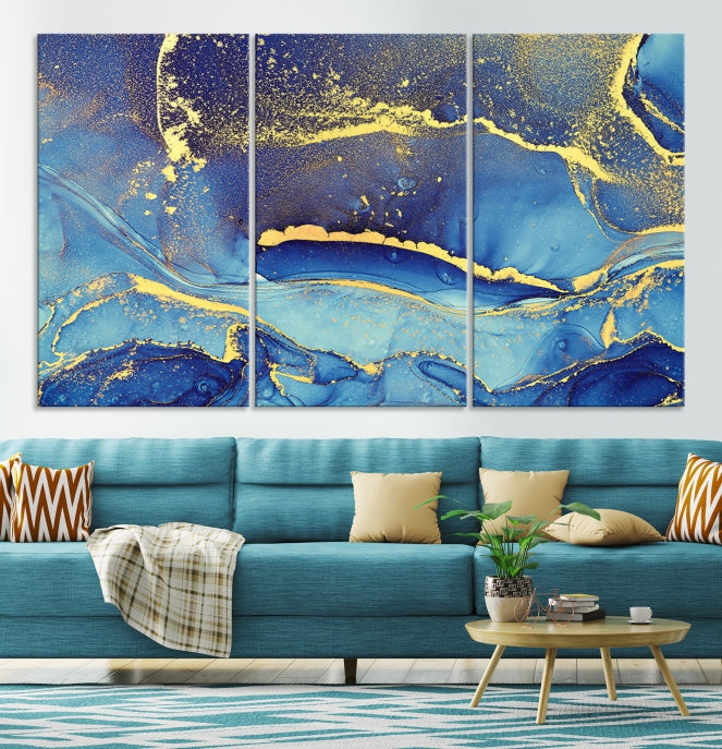 Splash Yellow Color Blue Marble Abstract Canvas Wall Art Print