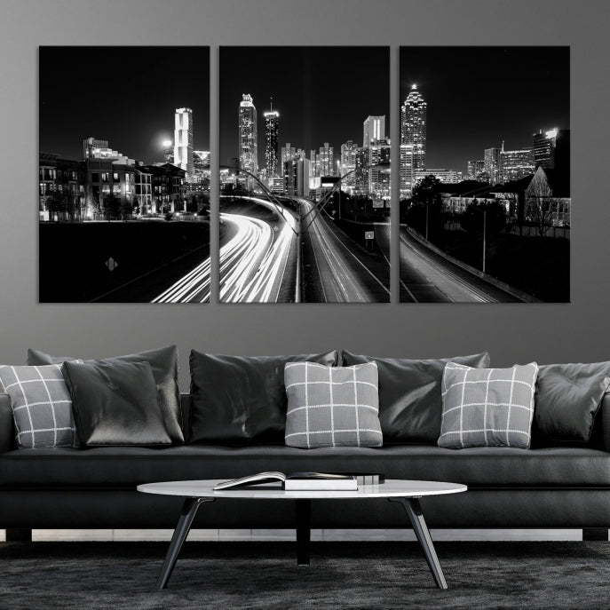 Skyline de luces de la ciudad de Atlanta Arte de pared en blanco y negro Paisaje urbano Lienzo