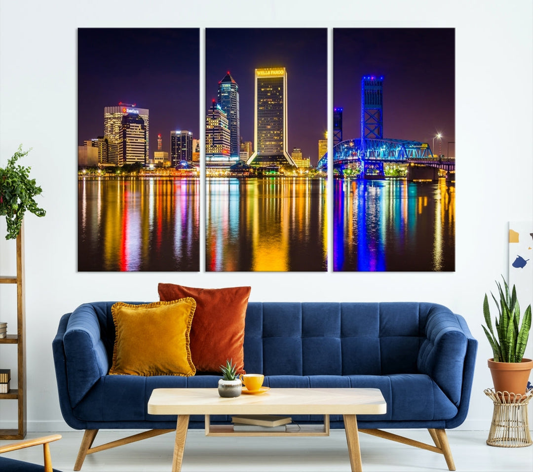 The Jacksonville City cityscape wall art captures a vibrant city skyline at night with colorful reflections in the water and is elegantly displayed on museum-quality gallery wrapped canvas.