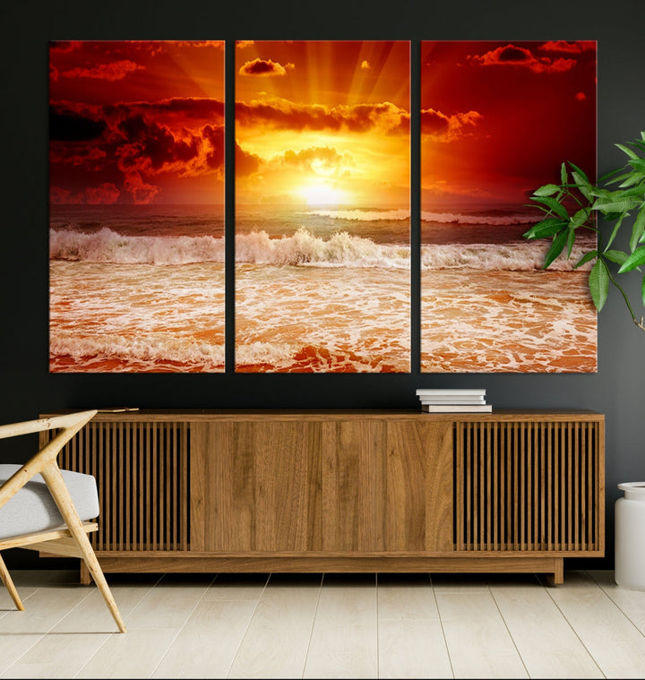 Red Sunset Ocean Beach Canvas Wall Art Beach Canvas, Coastal Sunset Print