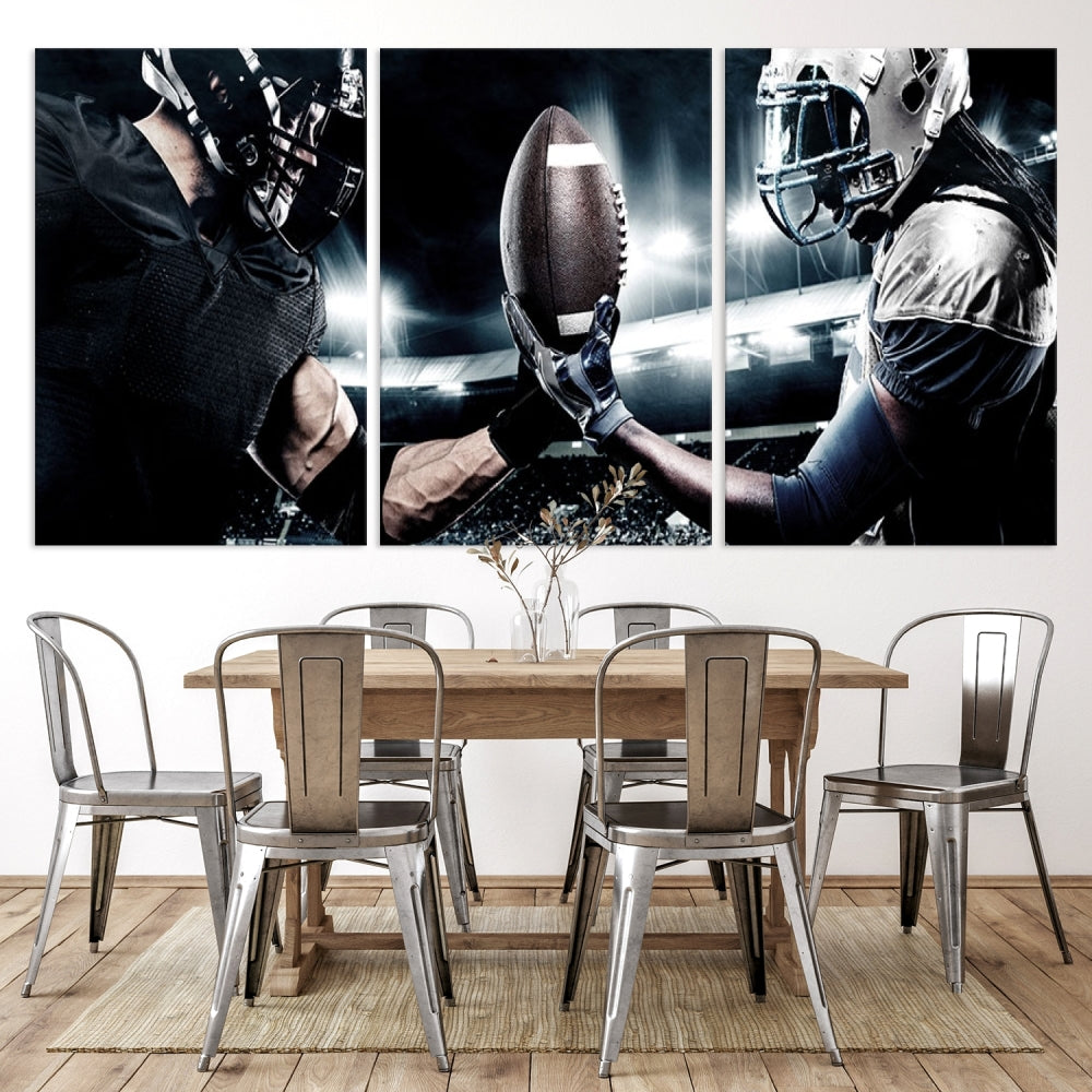 A modern living room features the "American Football Wall Art Canvas Print," a triptych of museum-quality canvases showcasing American football players.