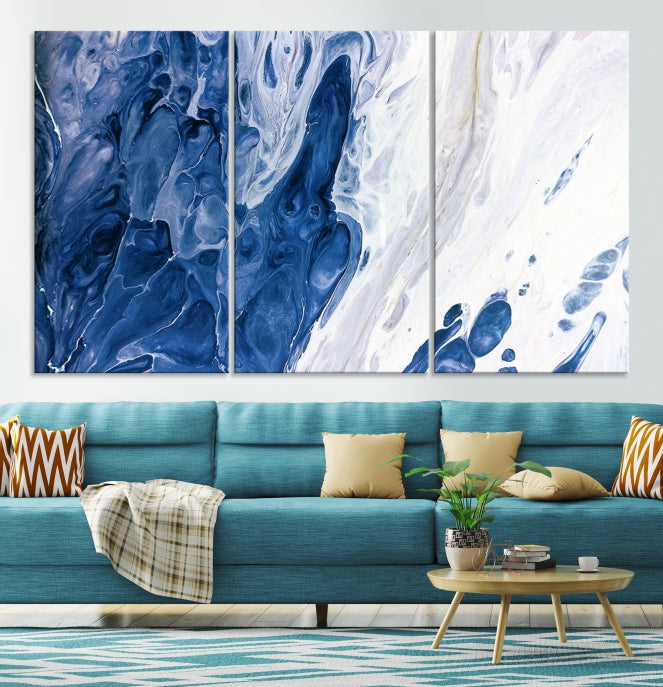 Arte de pared grande con efecto fluido de mármol azul marino, lienzo abstracto moderno, impresión artística de pared