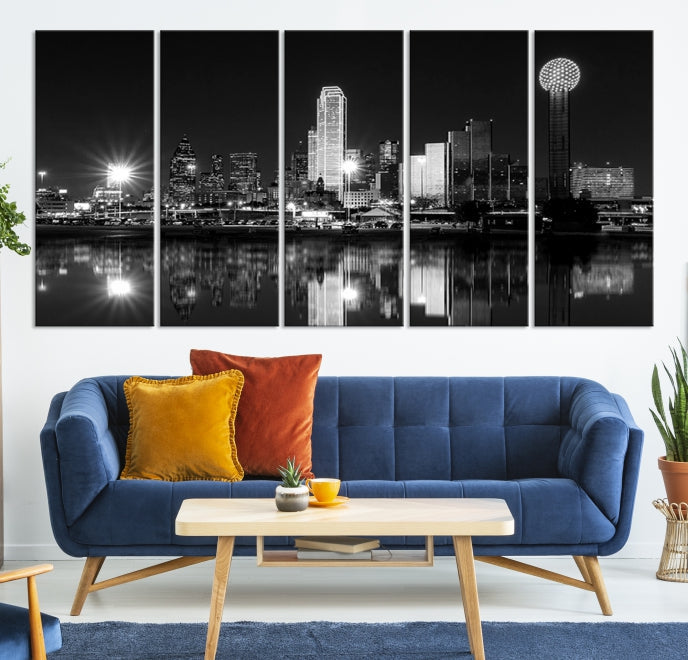 Dallas City Lights Skyline Art mural noir et blanc Paysage urbain Impression sur toile