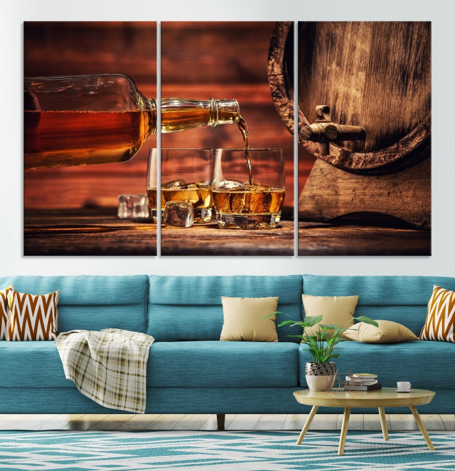 Lienzo decorativo para pared grande con whisky y barril