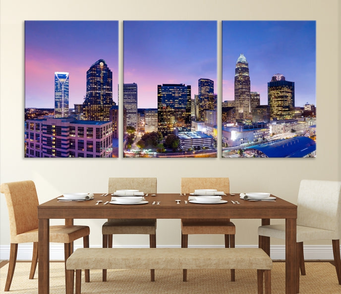 Charlotte City Lights Sunset Purple Skyline Paisaje urbano Vista Arte de pared grande Lienzo