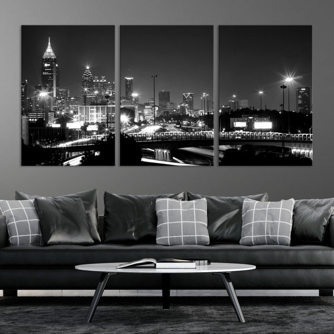 Skyline de luces de la ciudad de Atlanta Arte de pared en blanco y negro Paisaje urbano Lienzo