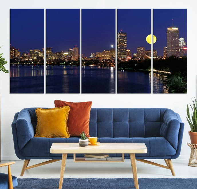 Boston City Lights Pleine Lune Nuit Skyline Cityscape View Wall Art Impression sur toile