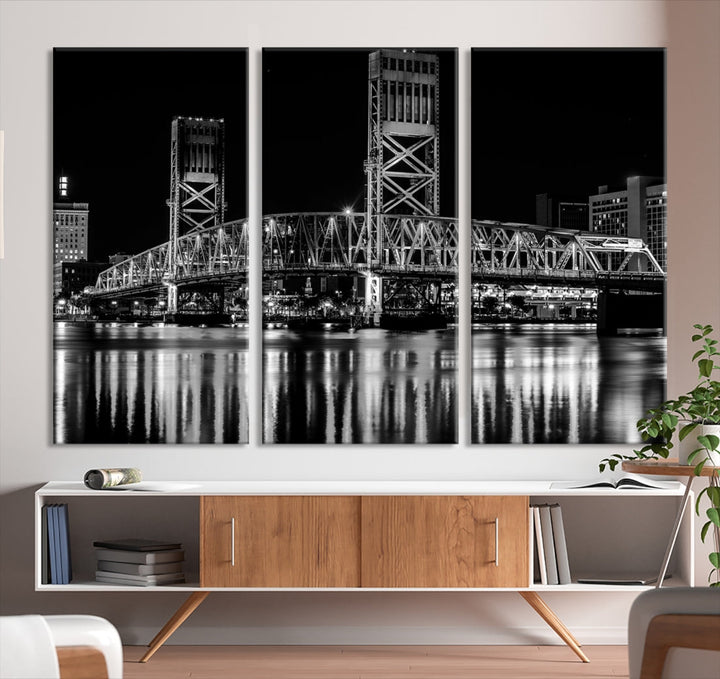 The Jacksonville City Bridge Night Wall Art Canvas Print is a black and white triptych depicting the city bridge at night. It features a UV-protective coating on museum-quality canvas.