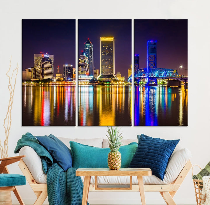 The Jacksonville City cityscape wall art captures a vibrant city skyline at night with colorful reflections in the water and is elegantly displayed on museum-quality gallery wrapped canvas.