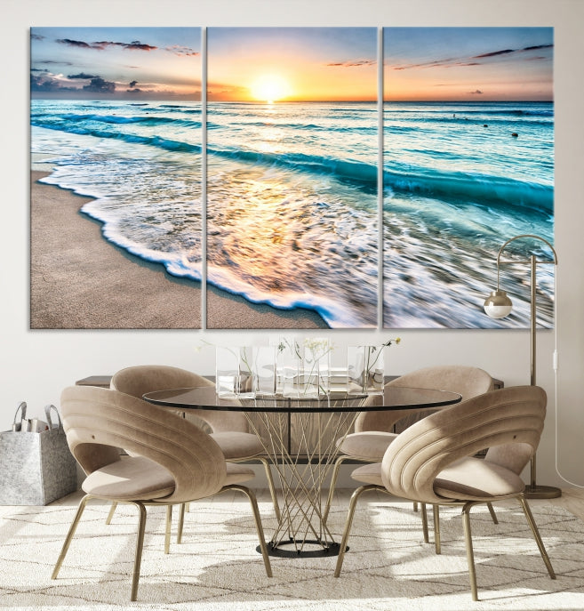 Sunset Beach Waves Canvas Wall Art – 5-Panel Ocean Sunset Print – Coastal Decor for Living Room or Bedroom – Ready to Hang