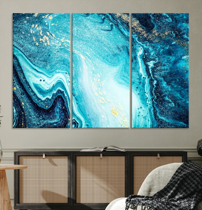 Arte de pared grande con efecto fluido de mármol azul neón y dorado, lienzo abstracto moderno, impresión artística de pared