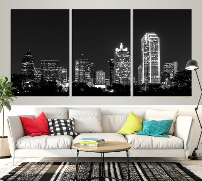 Dallas City Lights Skyline Art mural noir et blanc Paysage urbain Impression sur toile