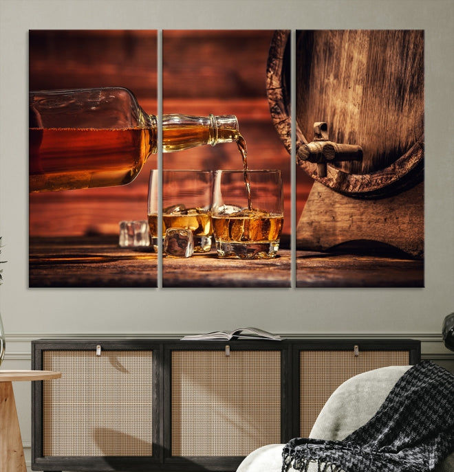 Lienzo decorativo para pared grande con whisky y barril