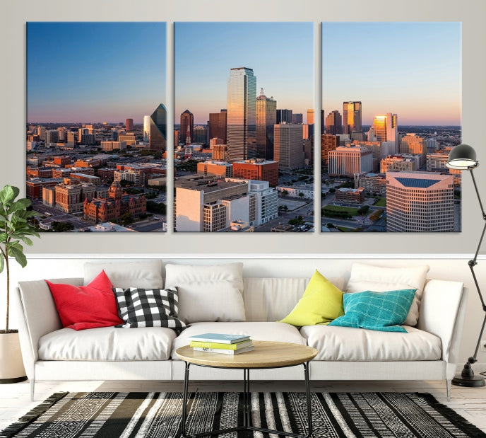 Lienzo decorativo para pared con vista del paisaje urbano del horizonte del amanecer de la ciudad de Dallas