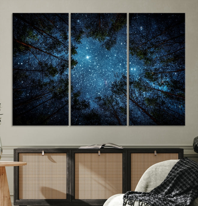 Lienzo decorativo para pared grande con bosque y estrellas