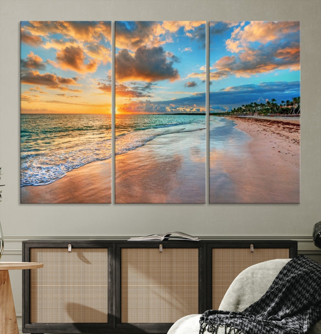 Sunset Beach Canvas Wall Art – Tropical Triptych Seascape Print – Coastal Ocean Decor for Living Room or Bedroom – Ready to Hang