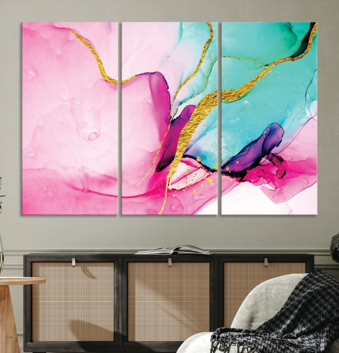 Impresión de arte de pared grande con efecto fluido de mármol rosa y dorado, lienzo abstracto moderno